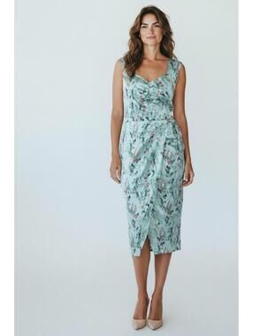 White House Black Market Mint Blue Floral Sleeveless Ruched Midi Dress Size 6